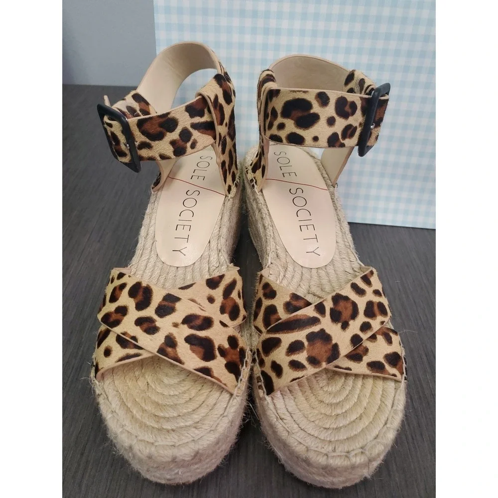 Sole Society Womens Audrina Platform Espadrille Sandals Sz 7.5 Calf Hair Leopard